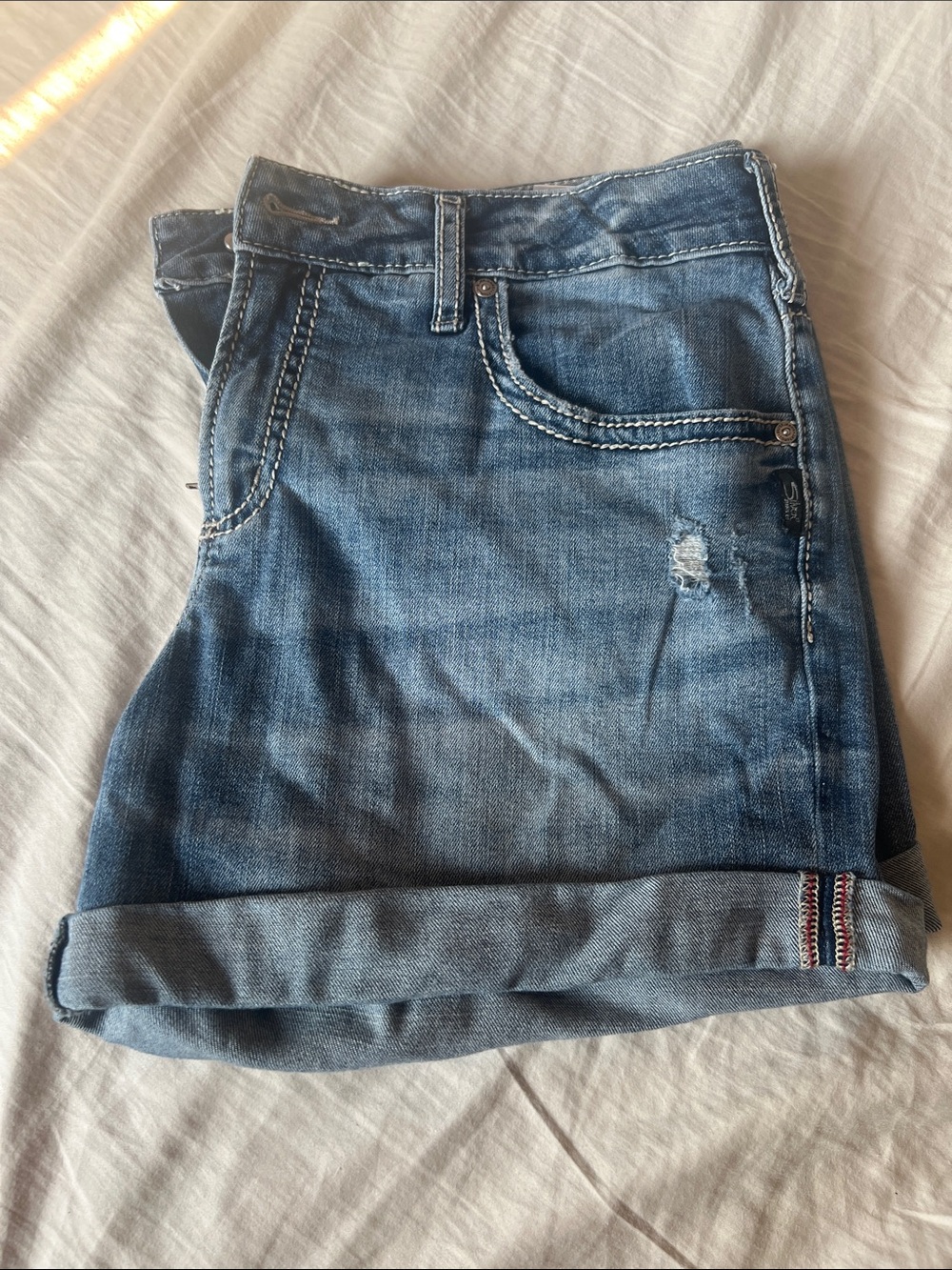Silver Jeans Distressed Rolled Hem Denim Shorts - Blue Wash